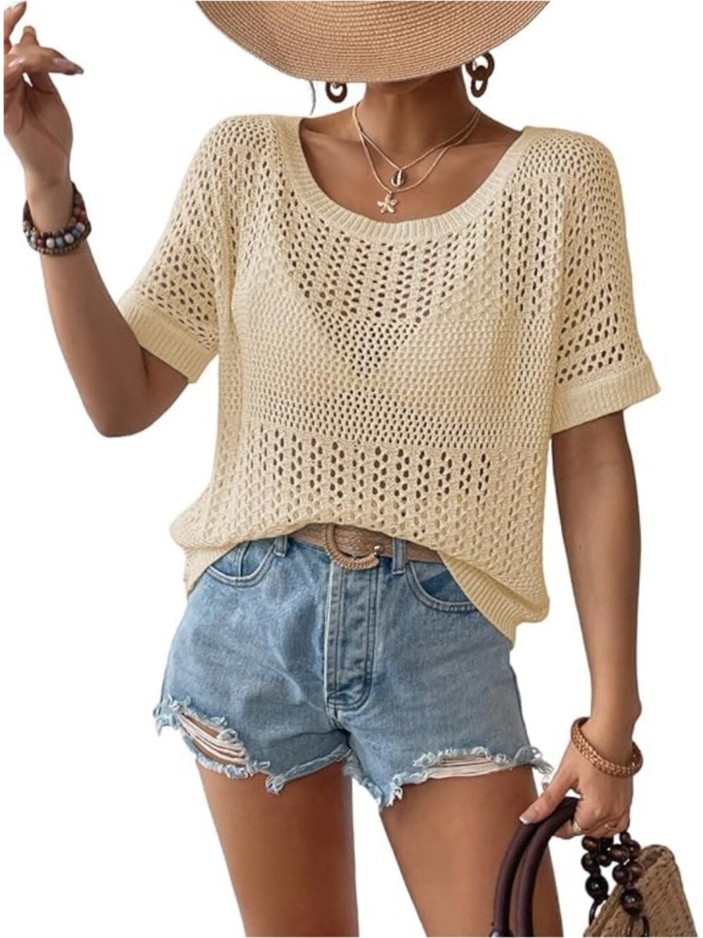 Crochet Short Sleeve Swim Cover Up Knit Mesh Sweater Top